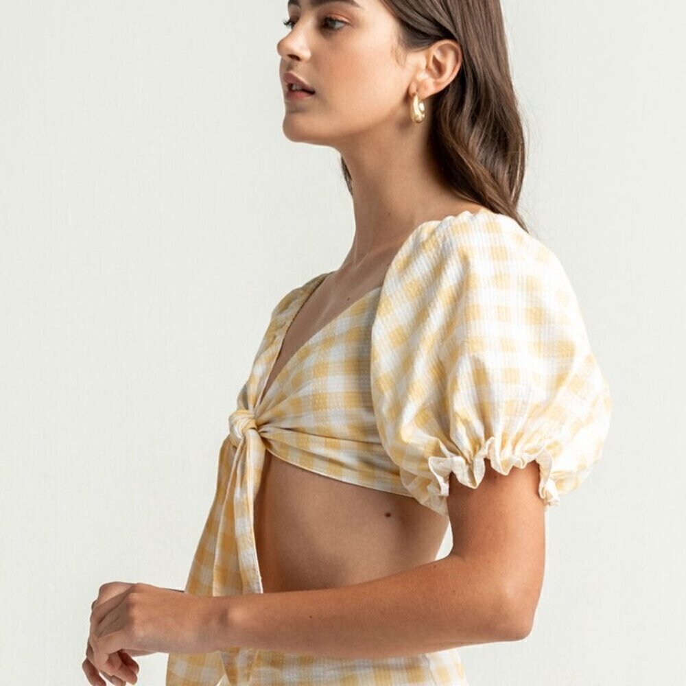 NWT Charlie Holiday Womens Ivy Cotton Knot Front Bra-Top Yellow Size L - Picture 3 of 11